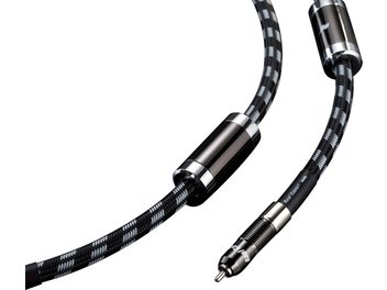 Dva črna sukana avdio kabla z zlato prevlečenima RCA konektorjema na koncih, znamke Real Cable, model REFLEX SUB