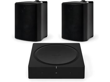 Melna Sonos audio sistēma ar diviem kompaktajiem skaļruņiem un kvadrātveida korpusu, skatā no priekšpuses un nedaudz no augšas