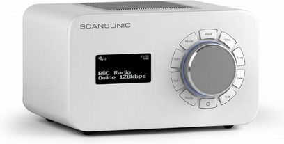 Stolní rádio Scansonic SC-R4 bílé, pohled zepředu, LCD displej zobrazuje "BBC Radio Online 128kbps", otočný ovladač a tlačítka