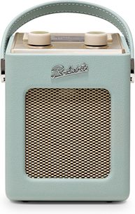 Συνδεδεμένο ηχείο Roberts Mini 2 σε γαλάζιο, περίβλημα από συνθετικό δέρμα, χρυσή μεταλλική γρίλια, επάνω λαβή, όψη εμπρός