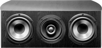 Cabasse MC170 Socoa centerhøjttaler, kabinet i sort ibentræ, frontview, tre synlige runde drivere