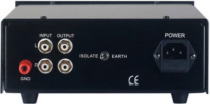 Puresound P10 sort forstærker, set forfra, med RCA-indgange/udgange, impedansomskifter og kontakt