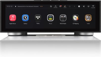 Alles-in-één audiosysteem Rose RS520 zwart, vooraanzicht, scherm met 8 pictogrammen voor muziek- en videostreaming-apps