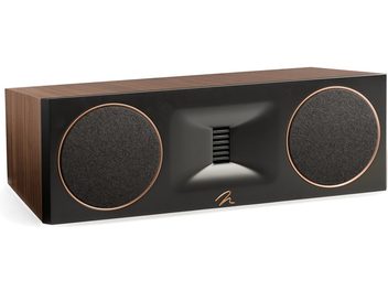 Centrální reproduktor Motion XT C100 v ořechovém provedení s dvěma černými kruhovými mřížkami lemovanými mědí a centrálním obdélníkovým výškovým reproduktorem