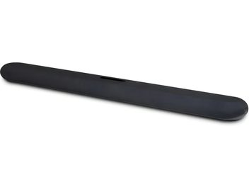 Barra de sonido BlueSound Pulse Cinema negra, rejilla de tela, extremos redondeados, ranura superior, vista en tres cuartos