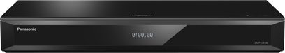 Panasonic DMP-UB700 sort 4K Blu-ray-afspiller, set forfra, LED-display "0100.00", blank frontpanel med knapper