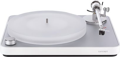 Gramofon ClearAudio Concept Silver Edition bílý, matně akrylový talíř a rovné raménko, pohled zepředu