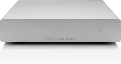 Nuforce STA-120 silver power amplifier, front view, rectangular shape, metallic gray color