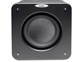 Subwoofer Velodyne MicroVee X negro, panel frontal, altavoz circular, rejilla metálica, logotipo blanco