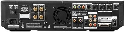Harman Kardon BDS-270 schwarzer Heimkino-Verstärker, Rückansicht, analoge und digitale Audio-/Video-Anschlüsse, USB- und Netzwerkanschlüsse