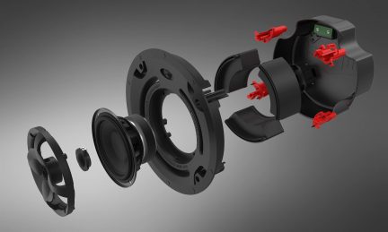 Exploded view of a black circular speaker with internal components, red connectors, rear support, and front grille