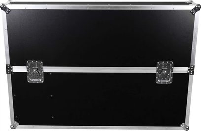 Gümüş renkli çerçevesi ve ön yüzünde iki kilidi bulunan siyah Power Acoustics Flight écran 50 SR ekran taşıma kasası