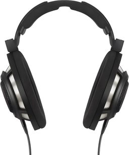 Sennheiser HD 800 S traatjuhtmetega avatud hifi-kuuldekapp, esivaade, must plastikust peahoop ja pehmendid, hõbedased sisemised kestad musta metallvõrega, kaabel väljub mõlemast kuuldekappadest