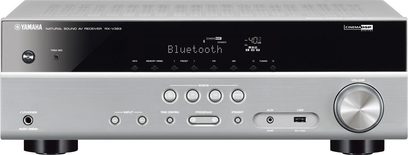 Yamaha RX-V383 titan hjemmekino-forsterker, frontpanel med display, knapper, volumhjul og hodetelefonutgang