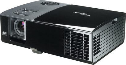 Optoma EP763 sort videoprojektor, set forfra og ovenfra, linse til venstre, ventilationsriste og kontrolknapper på toppen