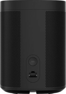 Trådløs højttaler Sonos One (2. gen.) i mat sort, set forfra, cylindrisk form, perforeret sort gitter på størstedelen, knapper på toppen
