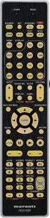 Sort Marantz NR1601 fjernbetjening med forgyldte og forsølvede knapper, set forfra