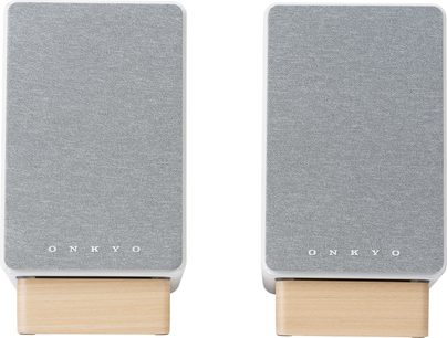 Draagbare bluetooth-luidsprekers GX-30ARC wit, vooraanzicht, grijze stoffen roosters, rechthoekige bases van licht hout, zichtbaar logo