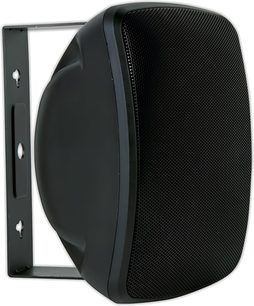 ArtSound ASW65.2 musta ulkoseinäkaiutin, pyöristetty kotelo ja hieno metalliritilä seinäkiinnikkeessä