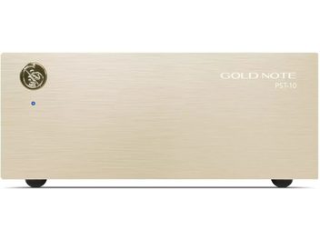 Fuente de alimentación separada Hi-Fi Gold Note PST-10 con panel frontal de aluminio dorado cepillado, medallón con logotipo y piloto LED azul