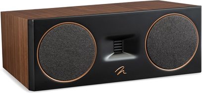 Cassa centrale Motion C10 noce con due griglie circolari nere, un pannello frontale nero e lati in legno finitura noce