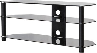Sort TV-møbel i glas og metal med 3 niveauer, 4 cylindriske ben, 2 rektangulære hylder, set forfra i let fugleperspektiv
