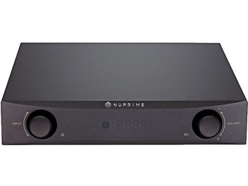 Nuprime DAC-9 sort digital-til-analog-konverter, kompakt rektangulært metalkabinet, frontpanel med display, drejeknapper, bagpå med tilslutninger