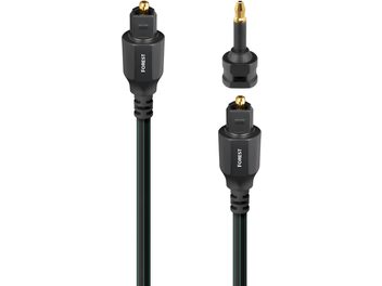 Audioquest Forest 12 m optiline digitaalne kaabel, sünteetilisest materjalist musta-rohelise triibulise kaitsekestaga, mustad plastikust Toslink-ühendid kuldsate metallotsikutega, esivaade.