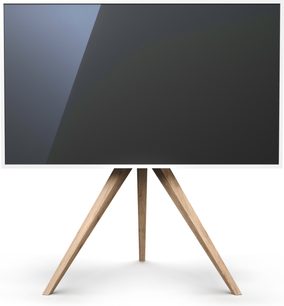 Lyst træ tripod TV-møbel med rektangulært sort bakke på gråtonet baggrund, set forfra i let skrå optagelsesvinkel