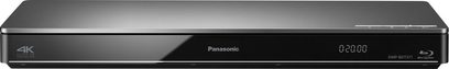 Panasonic DMP-BDT370EF sort 4K Blu-ray-afspiller, set forfra, display viser "0:00.00", blank overflade med knapper og skuffe
