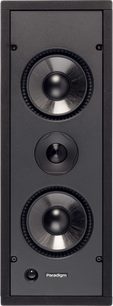 Cassa acustica a incasso a parete P1 LCR v2 con frontale rettangolare nero, 2 altoparlanti circolari e 1 tweeter centrale