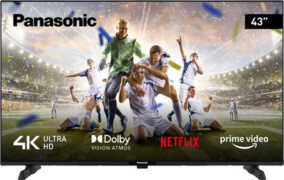 Reklame for et Panasonic TX-43MX610E 4K Ultra HD-tv, der viser en scene med sportsfejring