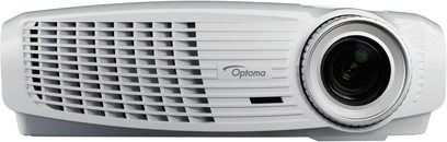 Optoma HD25-LV hvid videoprojektor, set forfra, ventilationsgitter til venstre, linse til højre