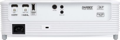 Optoma HD29 Darbee hvid videoprojektor, set forfra, med HDMI-, MHL-, USB- og audio-stik på højre side