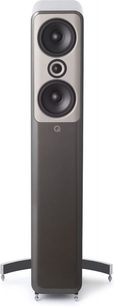 Q Acoustics Concept 50 lakeret grå, mørkegrå gulvhøjttaler, set forfra, to runde sorte højttalere, rektangulær base