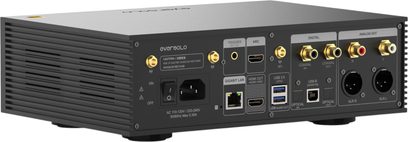 Мережевий аудіоплеєр EverSolo DMP-A6 Master Edition Gen 2 чорного кольору з видом ззаду, що демонструє роз'єми, порти та перемикач.