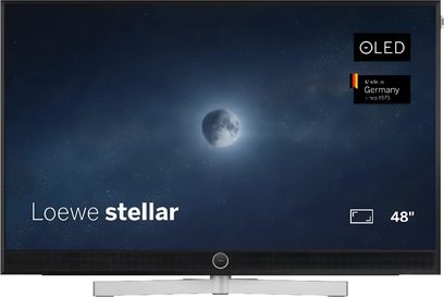 Loewe Stellar 48-tolline must teler, eestvaade, õhuke ekraan hõbedase keskjala ja integreeritud soundbariga