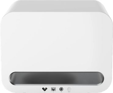 WiiM Sub Pro hvit subwoofer, bakfra med horisontal port og tilkoblinger nederst