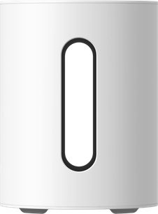 Hvid Sonos Sub Mini-subwoofer, set forfra med lodret sort central åbning