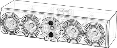 Perlisten S7c center speaker, perspective view, transparent rectangular enclosure, 4 circular drivers, 1 oval tweeter
