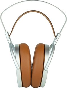 Otwarty przewodowy zestaw słuchawkowy hi-fi, widok z przodu, srebrny metalowy pałąk, brązowy skórzany pasek, brązowe okrągłe wyściełane nauszniki