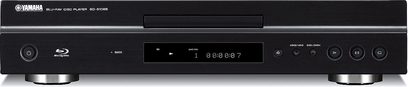 Yamaha BD-S1065 4K Blu-ray-afspiller i sort, børstet aluminiumsfront, diskskuffe, kontrolknapper, blåt display