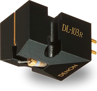 Denon DL-103R vinylpickup, set forfra og fra siden, rektangulært sort kabinet, diamantlæsespids, forgyldte indgraverede "DL-103R" og "DENON" logoer