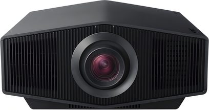 Proyector Sony BRAVIA 9 VPL-XW8100ES negro, vista frontal, carcasa rectangular, lente central, rejillas laterales