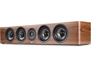 Enceinte centrale Polk Audio R350 noyer, 5 haut-parleurs circulaires noirs sur face avant en bois veiné, vue de face