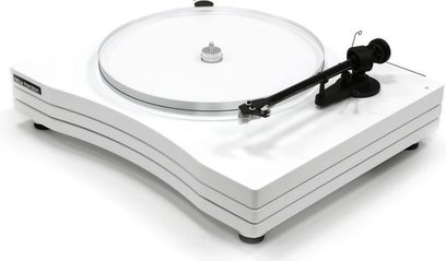 Witte New Horizon 203 platenspeler met witte VM520EB element, bovenaanzicht, toonarm met element, witte draaitafel