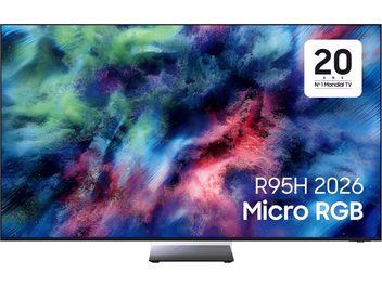 Téléviseur Samsung R95H 2026 à écran plat bord fin, vue de face avec image abstraite bleue rose et verte