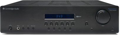Cambridge Audio Topaz SR10 sort hi-fi stereforstærker, set forfra, blå skærm, sølvfarvede knapper og drejeknapper