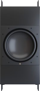 Caisson de basses encastrable Perlisten R18is, façade noire mate en métal, haut-parleur circulaire central, vue de face