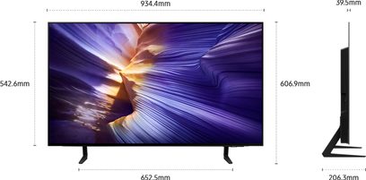 Mattamusta litteä televisio, edestä ja oikealta sivulta nähtynä, ohut kehys, kiiltävä paneeli, jossa violetti ja kultainen kuvio, kaksi mustaa V-muotoista jalkaa